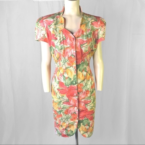 VINTAGE GARDANIA PARIS FLORAL  MULTICOLOUR BUTTON UP DRESS SHORT SLEEVES MEDIUM - Picture 17 of 17
